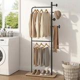 Double Rods Clothes Hanging Rack with Rubber Wood Hooks