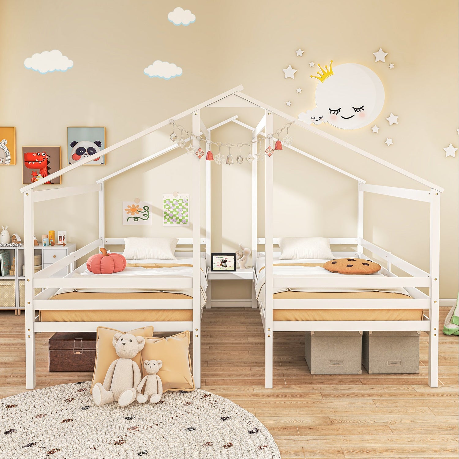 Marcos de cama dobles de madera individuales con mesa incorporada para niños - Blanco
