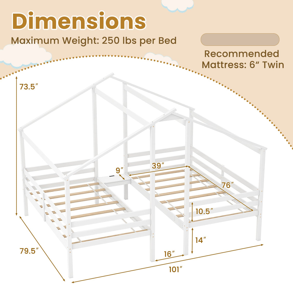 Marcos de cama dobles de madera individuales con mesa incorporada para niños - Blanco