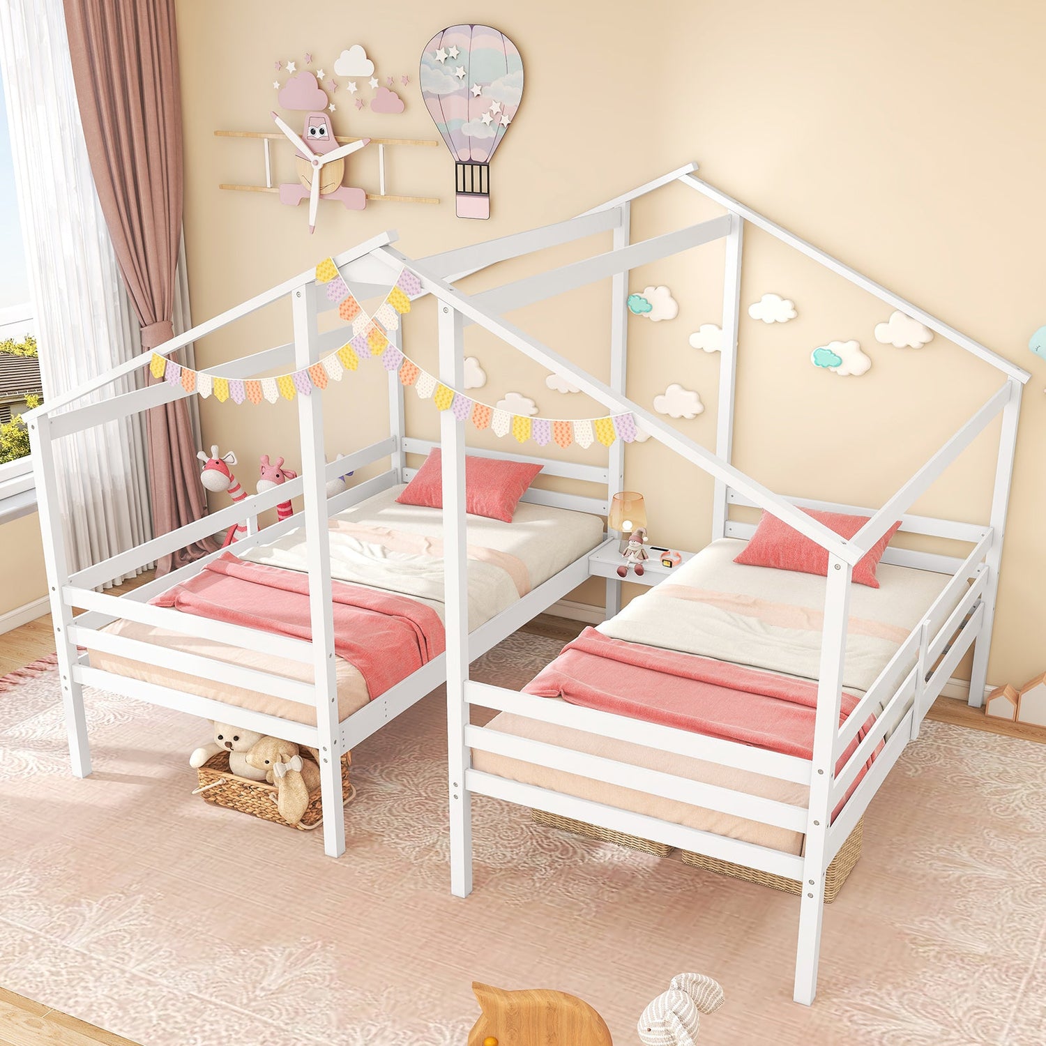 Marcos de cama dobles de madera individuales con mesa incorporada para niños - Blanco