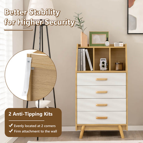 Cómoda de 4 cajones con 2 kits antivuelco para dormitorio