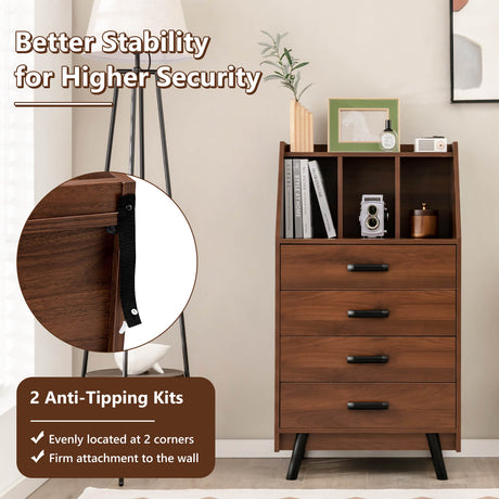 Cómoda de 4 cajones con 2 kits antivuelco para dormitorio