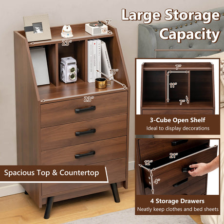 Cómoda de 4 cajones con 2 kits antivuelco para dormitorio