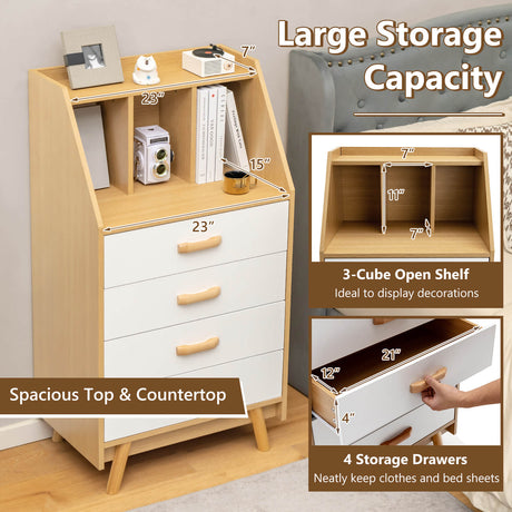 Cómoda de 4 cajones con 2 kits antivuelco para dormitorio