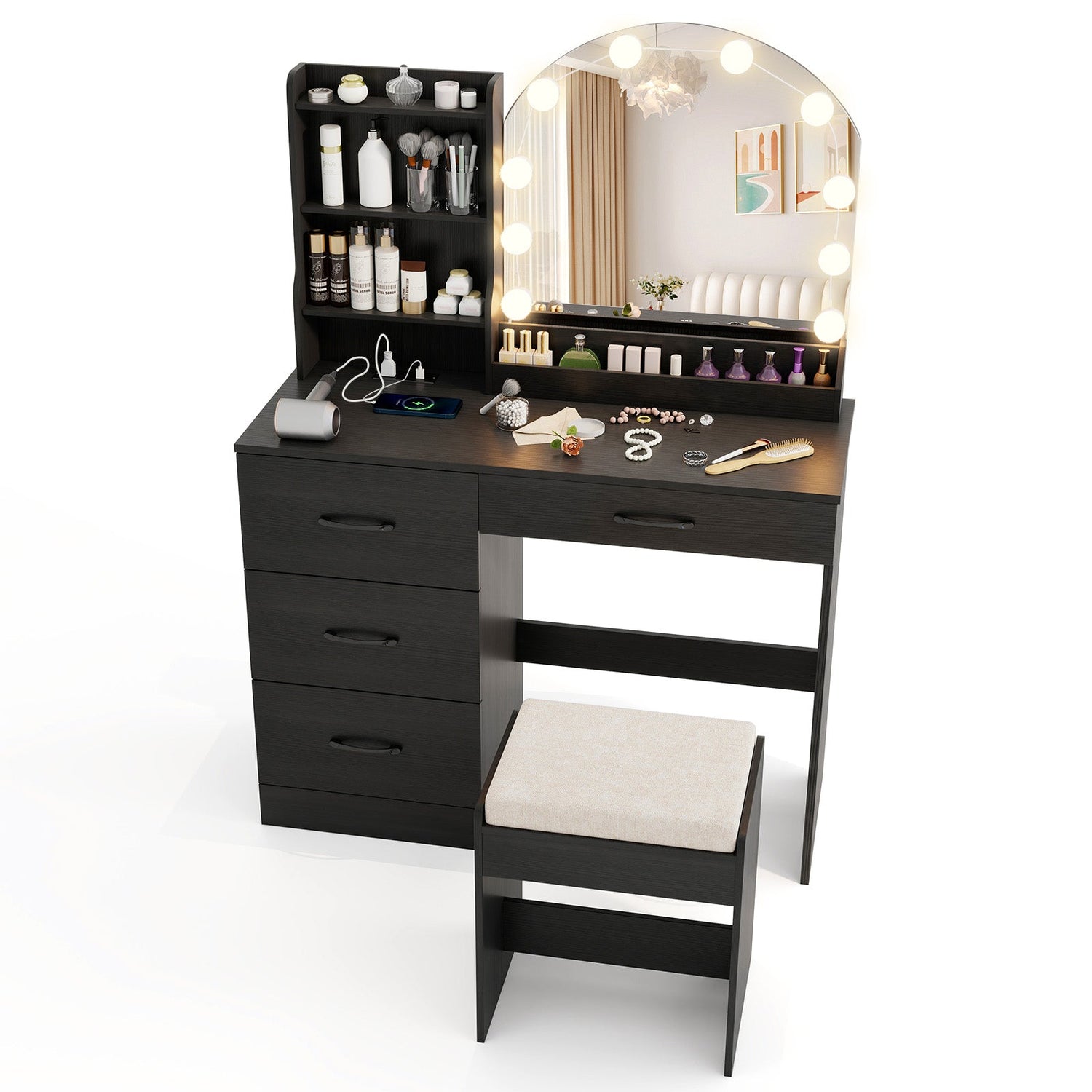 Mesa de tocador de maquillaje y taburete con espejo y luces