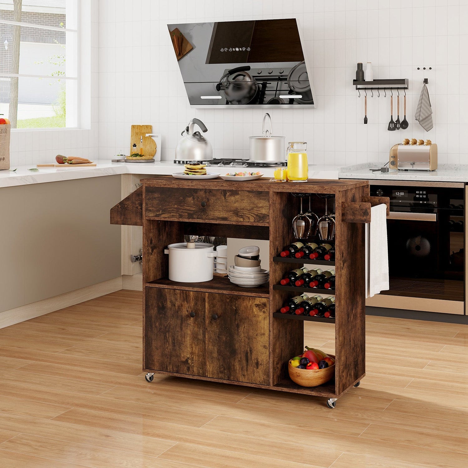 Carrito de isla de cocina móvil con mesa plegable, toma de corriente y estante ajustable - Marrón rústico