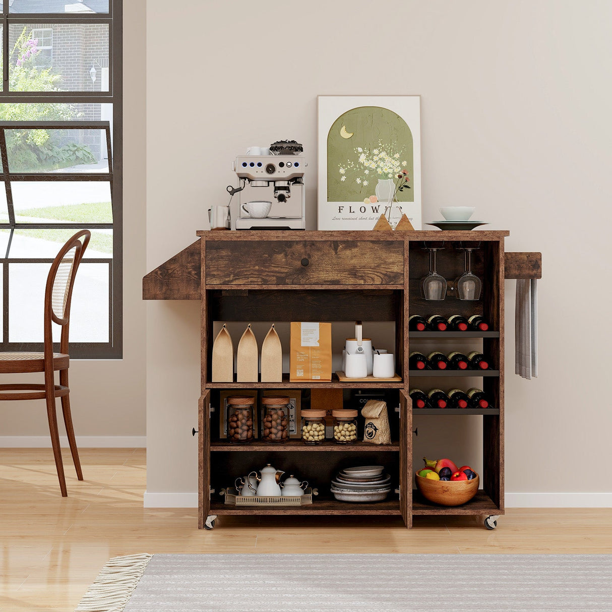 Carrito de isla de cocina móvil con mesa plegable, toma de corriente y estante ajustable - Marrón rústico