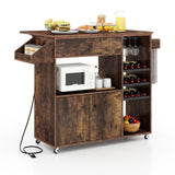 Carrito de isla de cocina móvil con mesa plegable, toma de corriente y estante ajustable - Marrón rústico