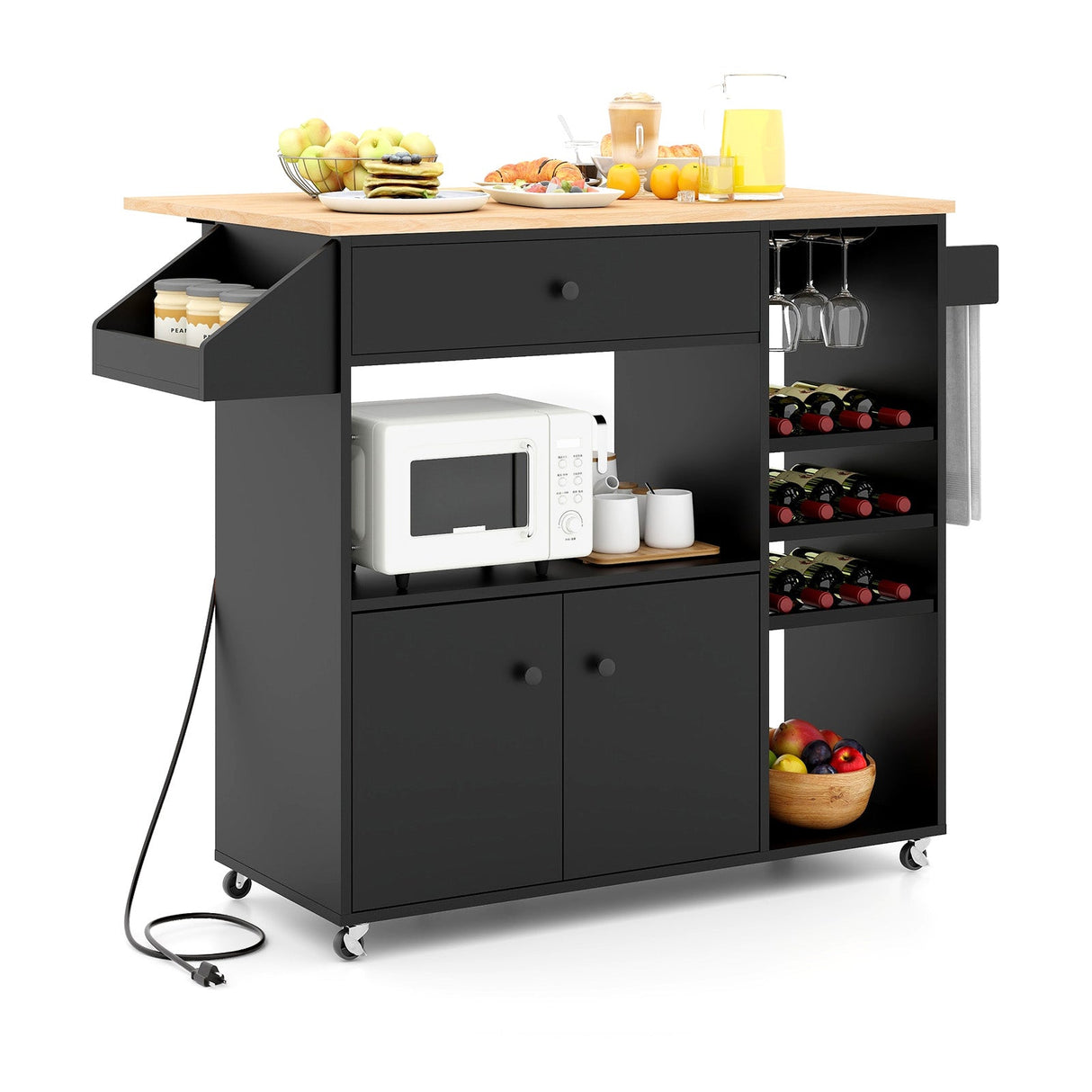 Carrito de isla de cocina móvil con mesa plegable, toma de corriente y estante ajustable - Marrón rústico