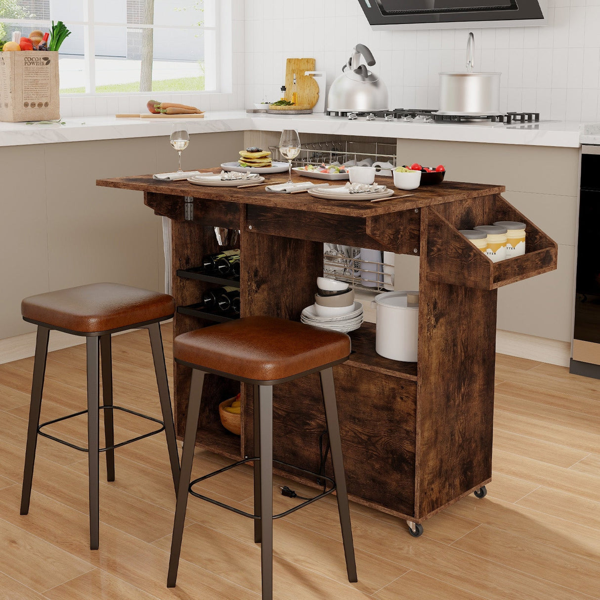 Carrito de isla de cocina móvil con mesa plegable, toma de corriente y estante ajustable - Marrón rústico