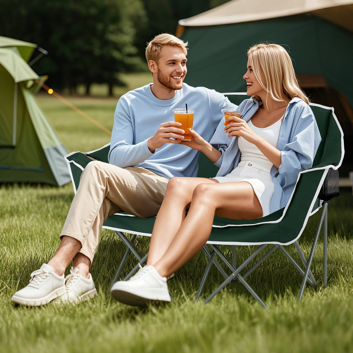 Sillón doble de camping portátil, sofá biplaza de gran tamaño con reposabrazos y portavasos, color verde