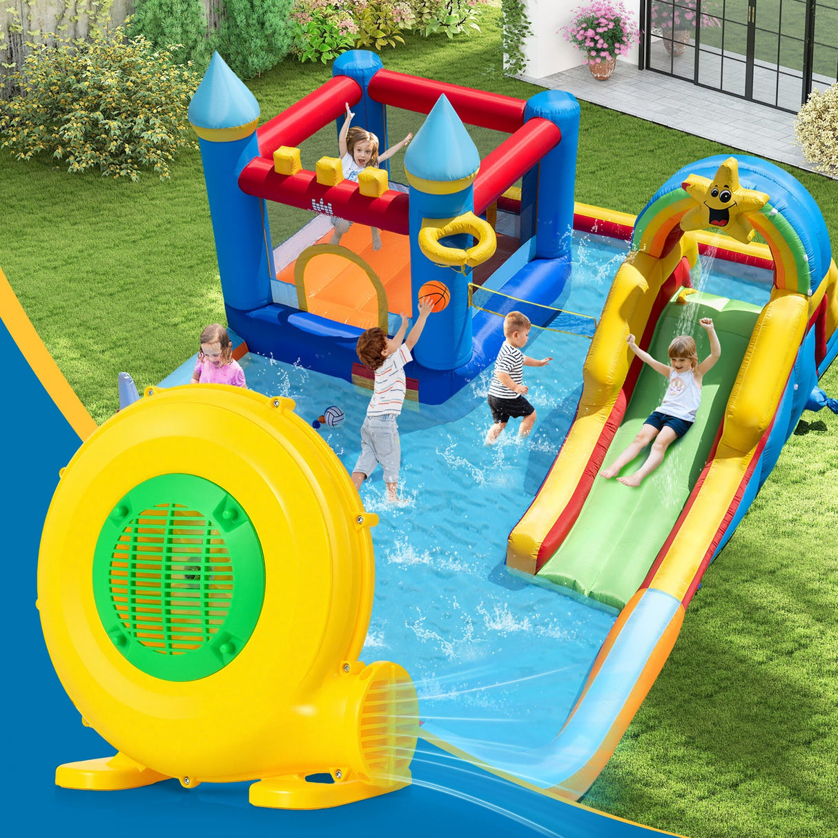 Soplador de castillo hinchable de 610 W con asa y estacas para el suelo