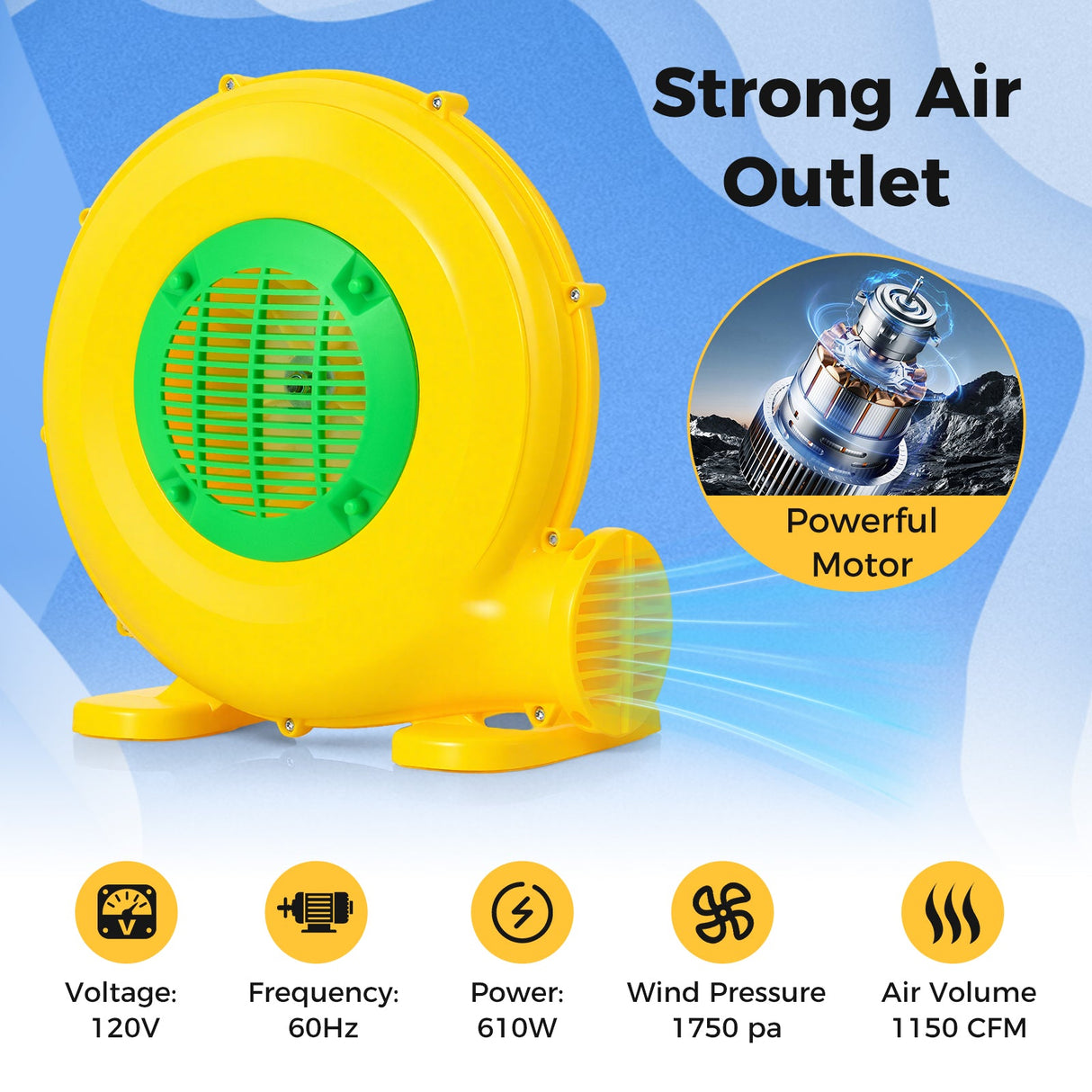 Soplador de castillo hinchable de 610 W con asa y estacas para el suelo
