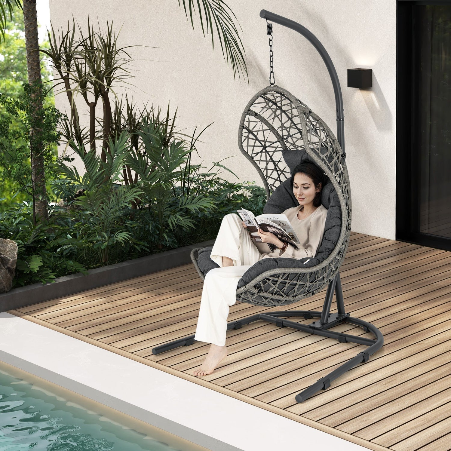 Sillón Colgante de Mimbre de PE con Soporte y Cojín - Gris