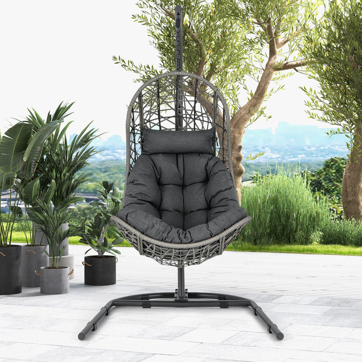 Sillón Colgante de Mimbre de PE con Soporte y Cojín - Gris