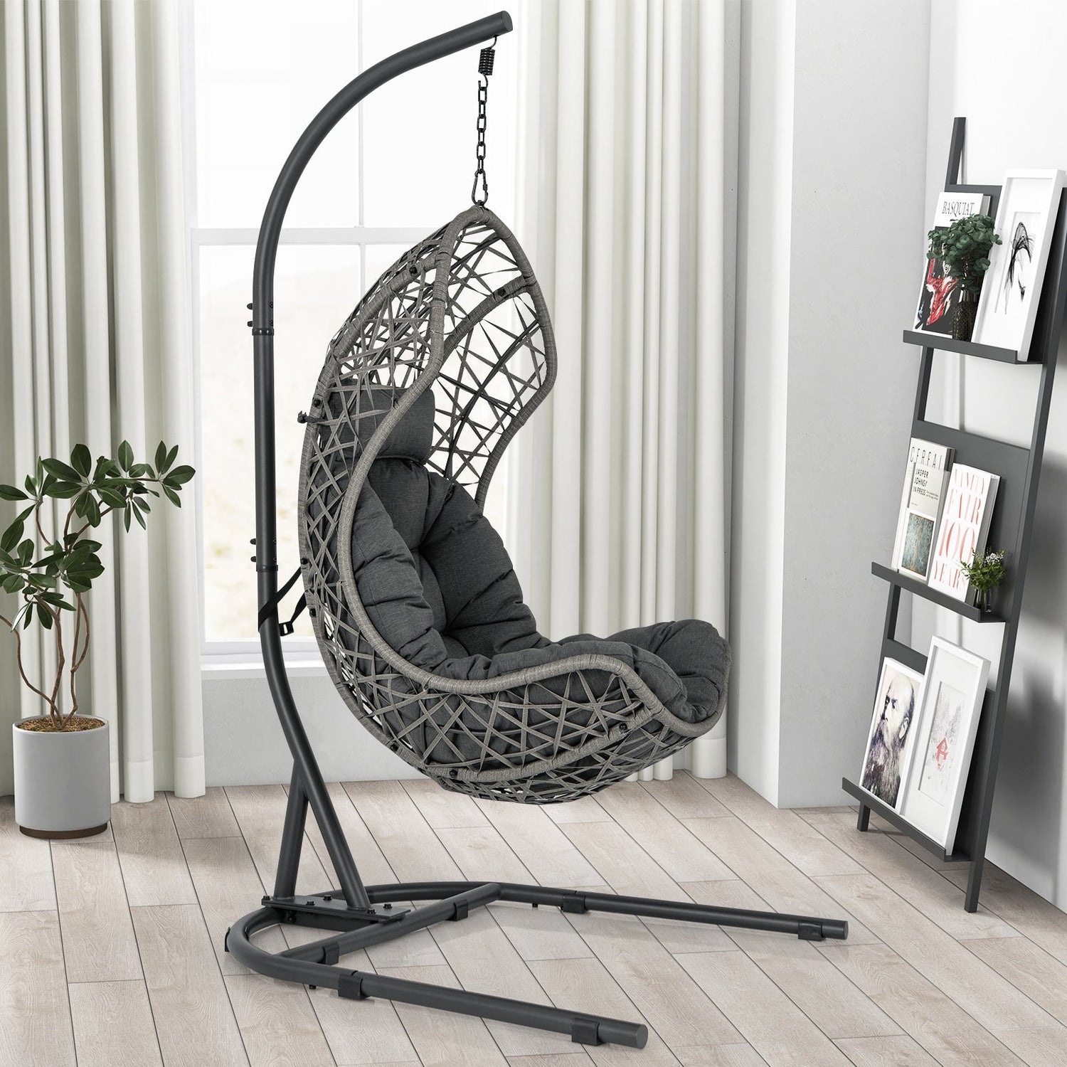 Sillón Colgante de Mimbre de PE con Soporte y Cojín - Gris
