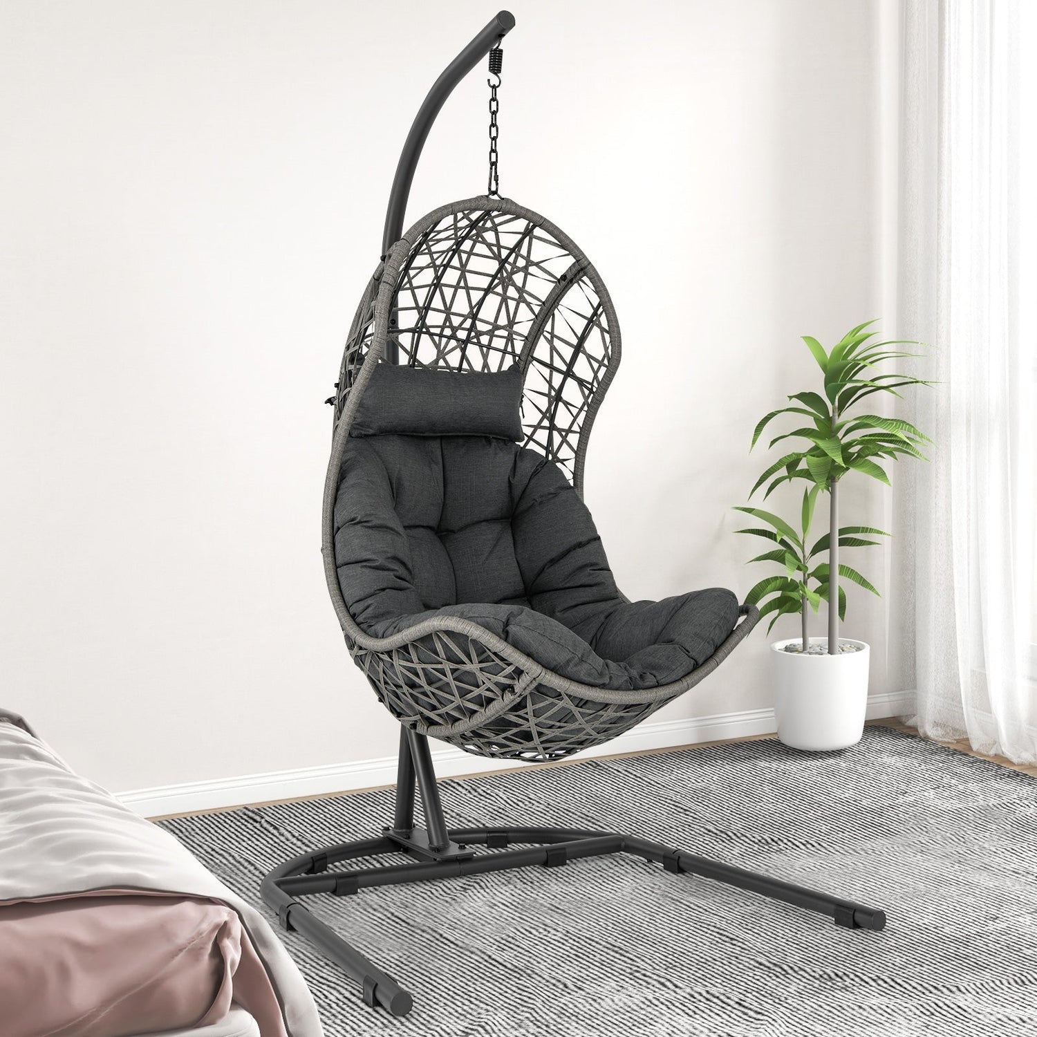Sillón Colgante de Mimbre de PE con Soporte y Cojín - Gris