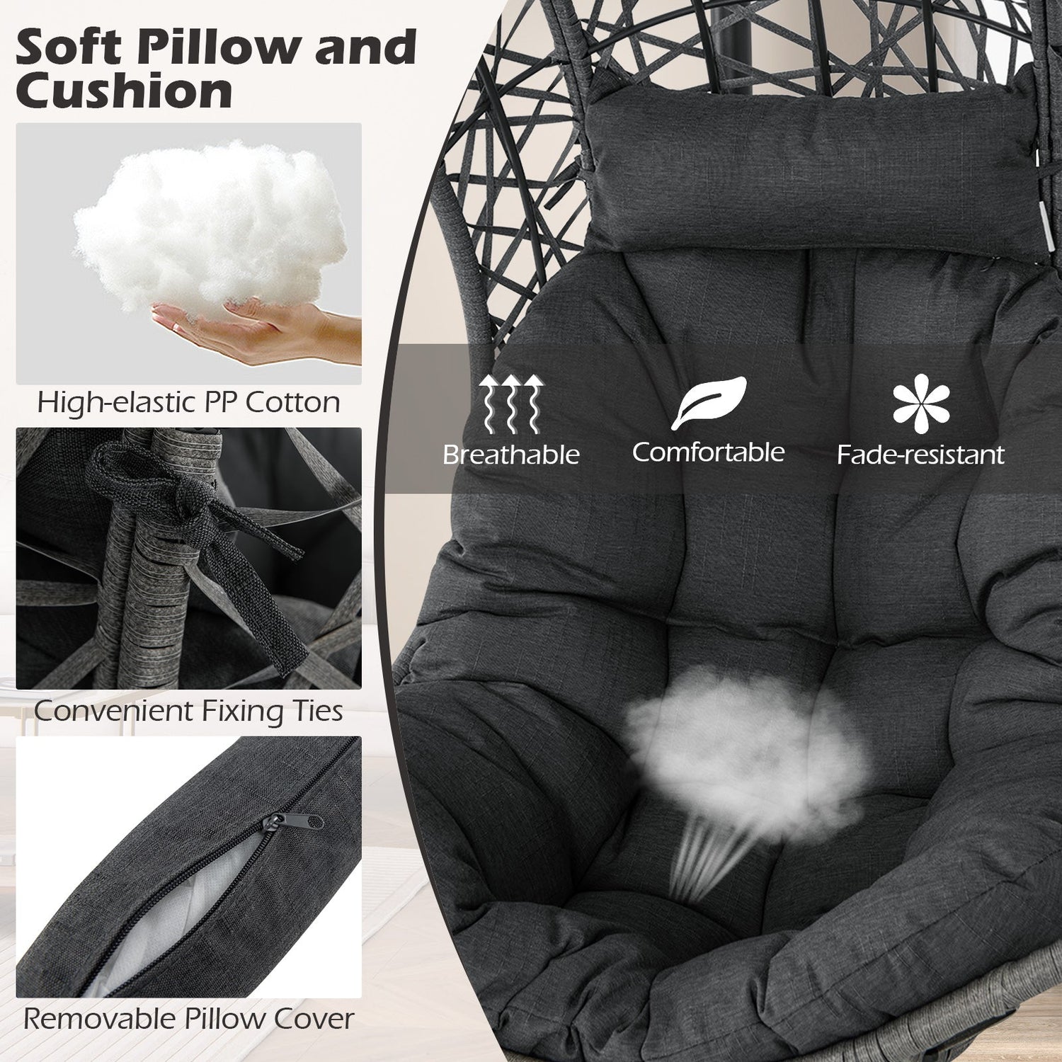 Sillón Colgante de Mimbre de PE con Soporte y Cojín - Gris