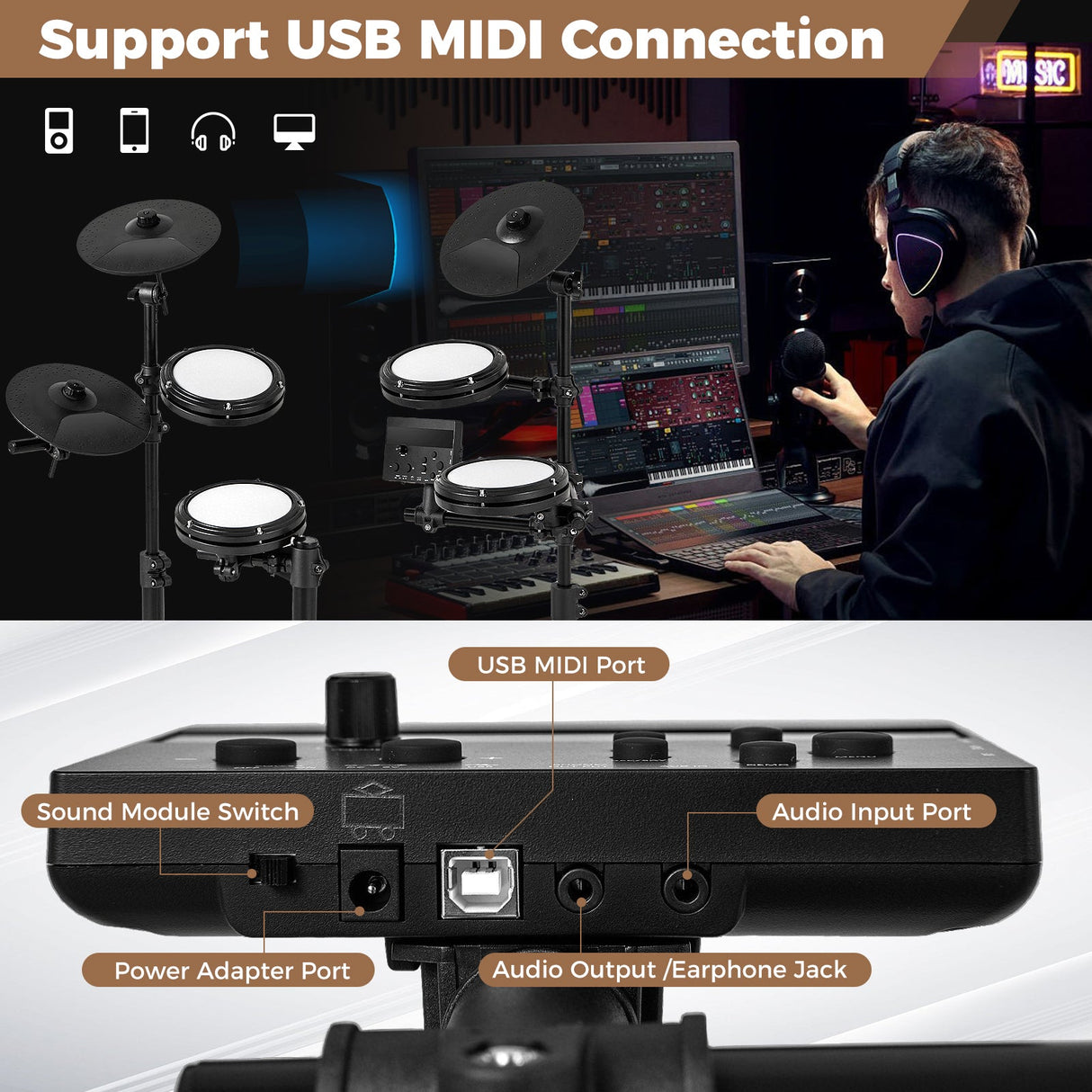 Batería electrónica plegable con 10 demos, USB MIDI y 2 baquetas