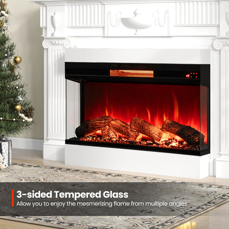 Chimenea eléctrica de 3 lados de 36 pulgadas y 1500W con llama de 7 colores - Negro
