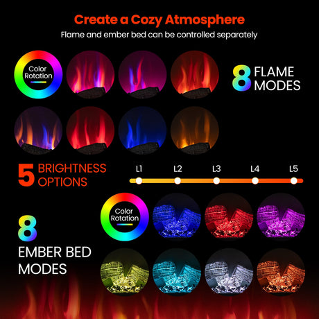 Chimenea eléctrica de 3 lados de 36 pulgadas y 1500W con llama de 7 colores - Negro