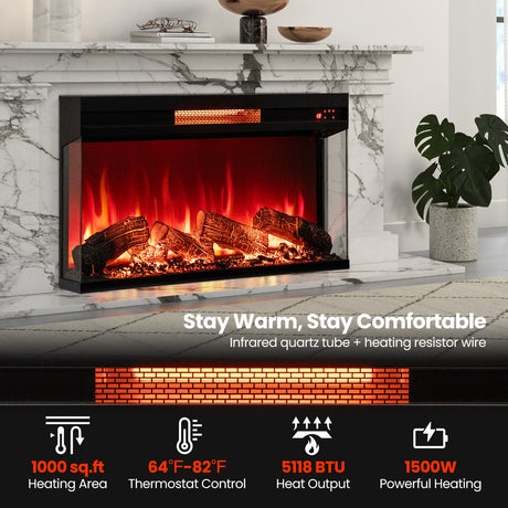 Chimenea eléctrica de 3 lados de 36 pulgadas y 1500W con llama de 7 colores - Negro