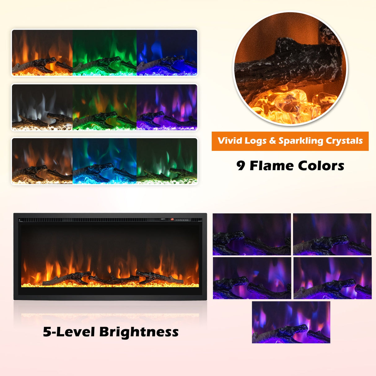 Chimenea eléctrica empotrada en la pared con control remoto y color y brillo ajustables