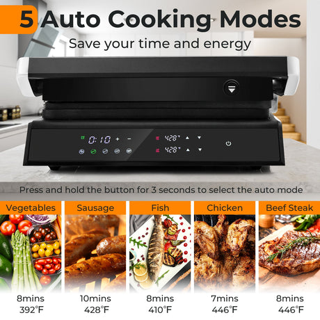 Parrilla Eléctrica 3 en 1 para Interiores con Pantalla LED-Negra