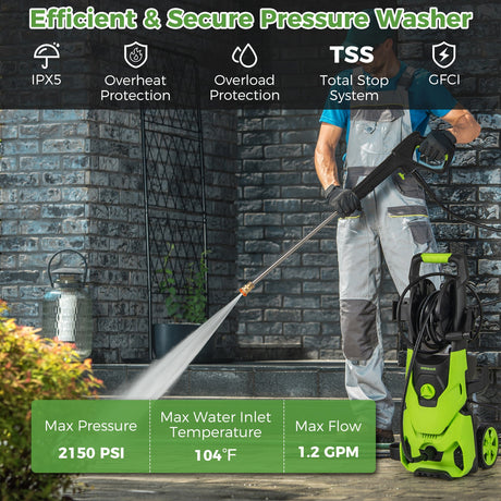 Hidrolavadora eléctrica de 2150 PSI y 1.2 GPM con 4 boquillas de conexión rápida y cañón de espuma