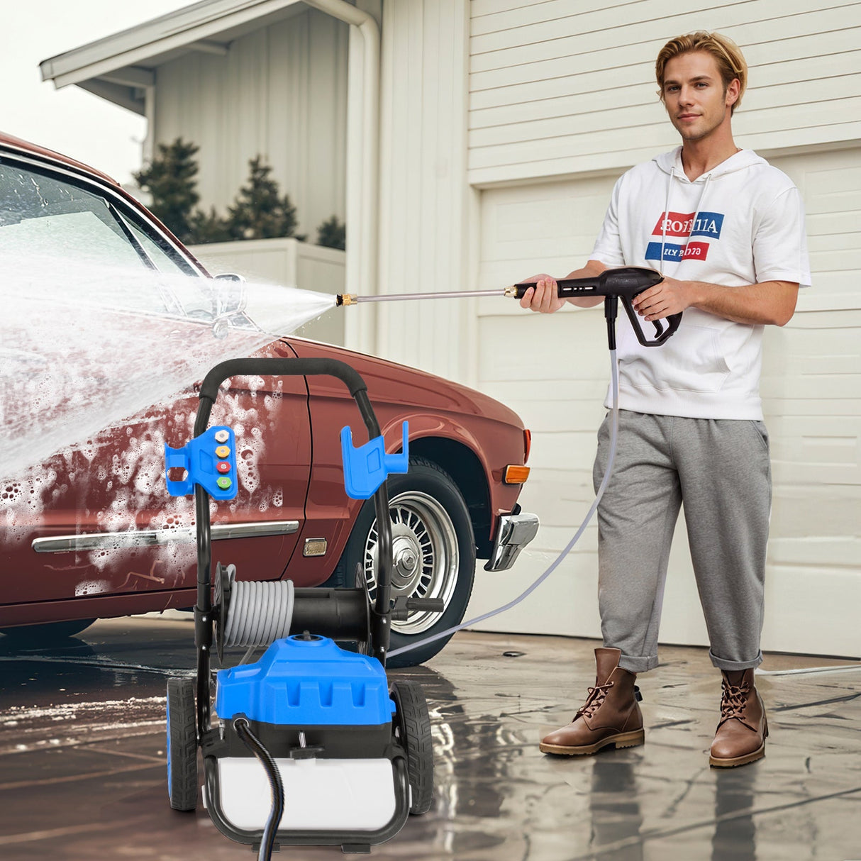 Hidrolavadora eléctrica de 2300 PSI 1.8 GPM con ruedas y 5 boquillas de conexión rápida - Azul