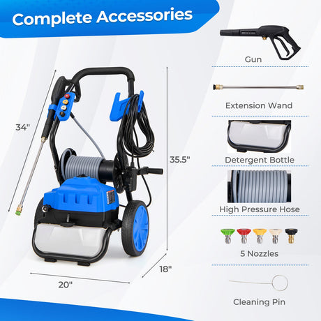 Hidrolavadora eléctrica de 2300 PSI 1.8 GPM con ruedas y 5 boquillas de conexión rápida - Azul