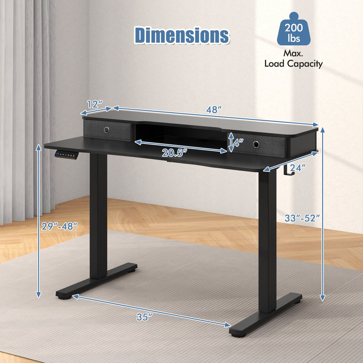48 Inch x 24 Inch Height Adjustable Electric Standing Desk with 2 Drawers