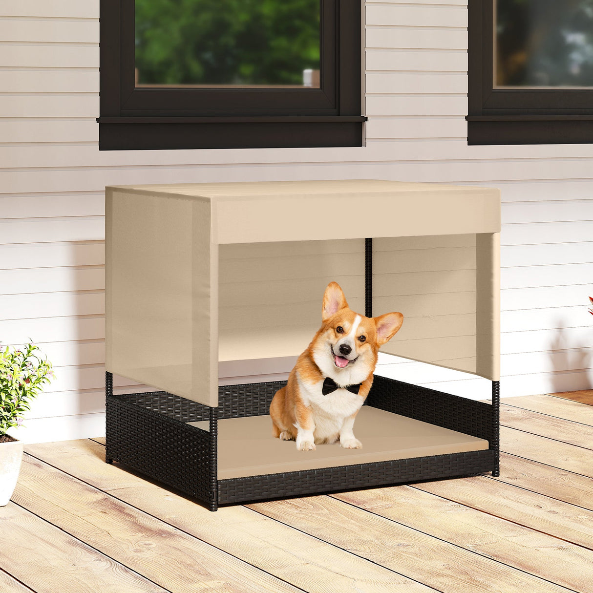 Casa para perros de mimbre elevada para razas pequeñas a medianas - Negra