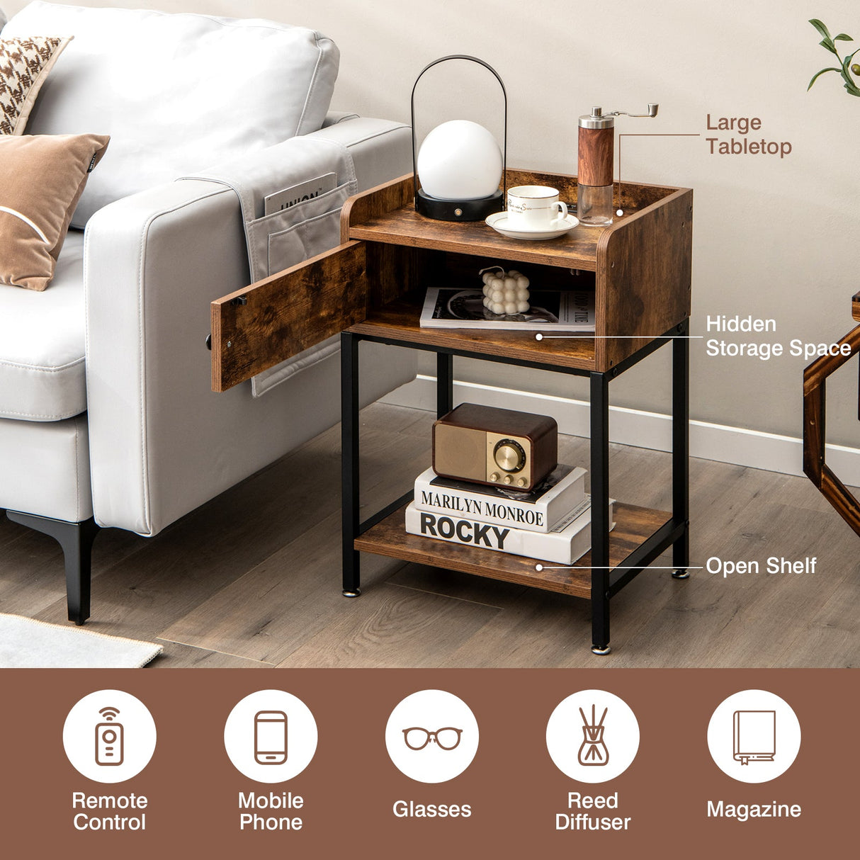 Mesa auxiliar elevable con estación de carga y estantes de almacenamiento-Café