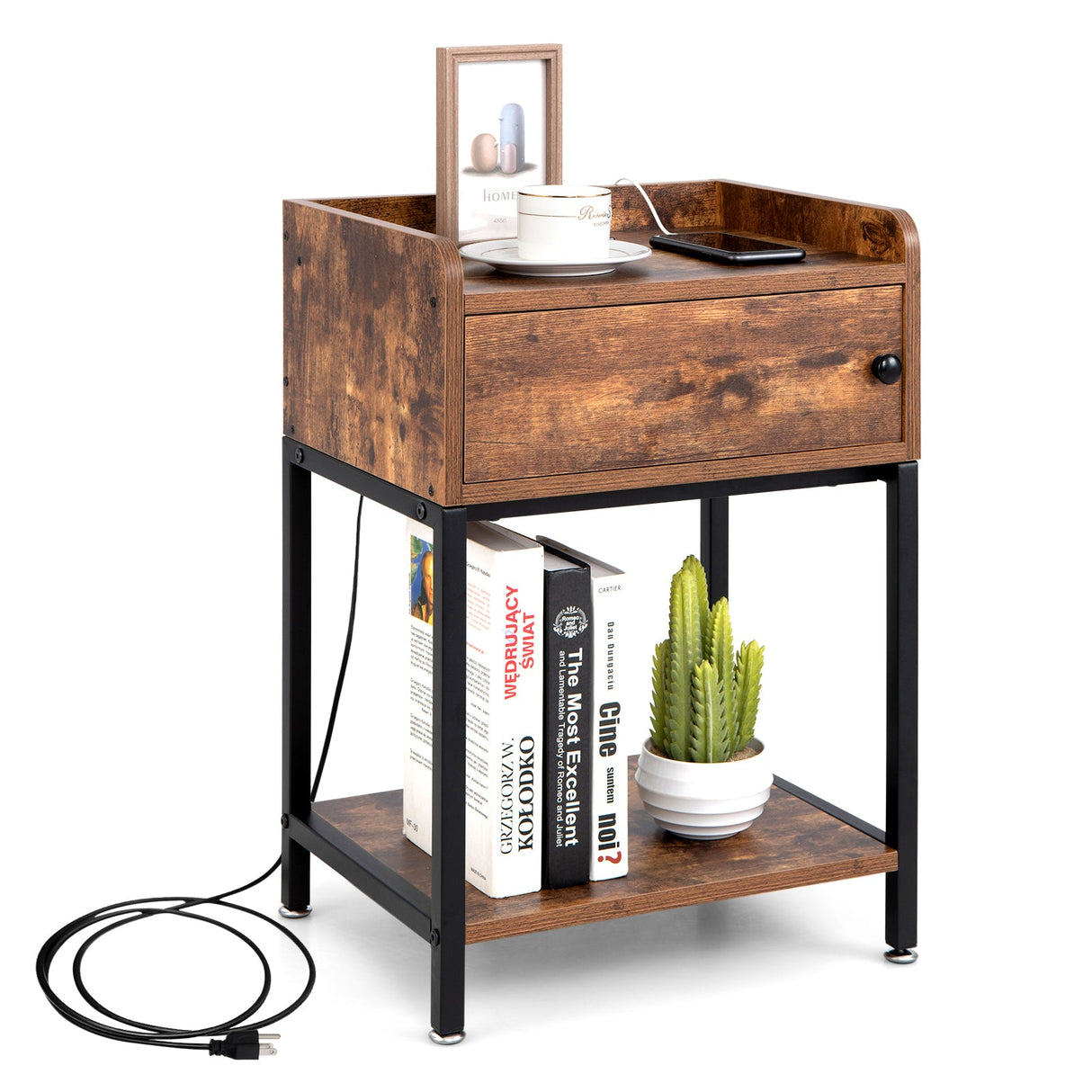 Mesa auxiliar elevable con estación de carga y estantes de almacenamiento-Café