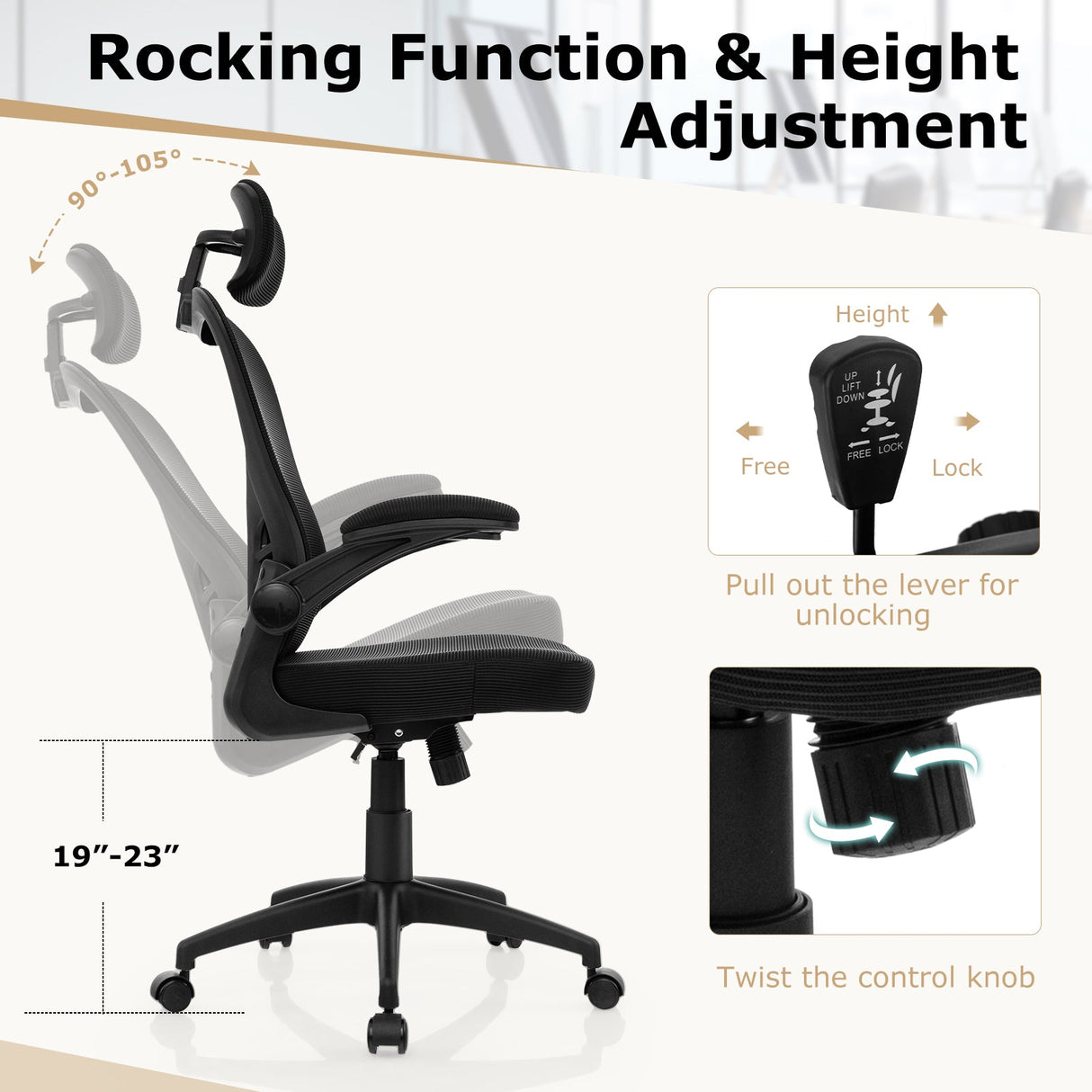 Silla de oficina ergonómica de malla con altura ajustable para oficina en casa - Negro