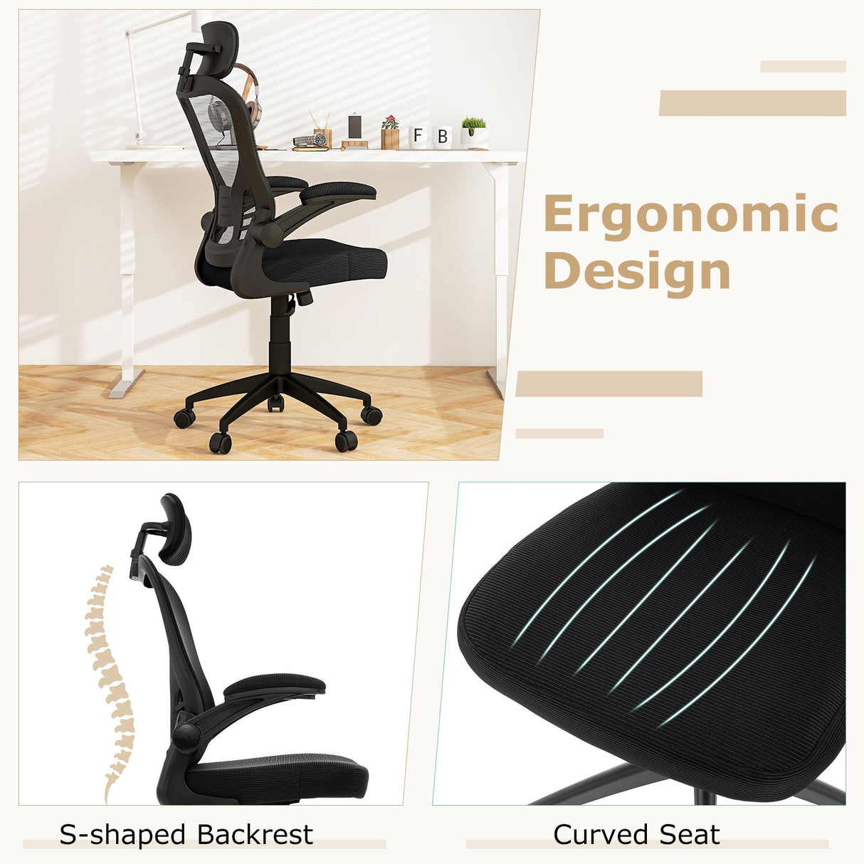 Silla de oficina ergonómica de malla con altura ajustable para oficina en casa - Negro