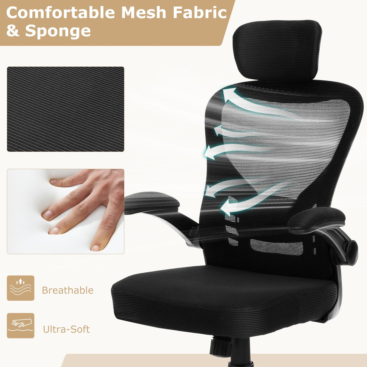 Silla de oficina ergonómica de malla con altura ajustable para oficina en casa - Negro