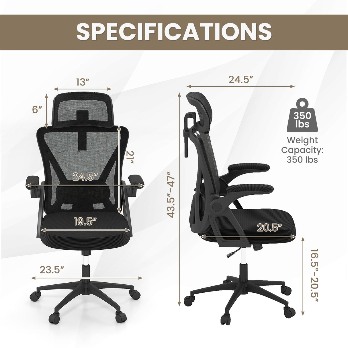 Silla de oficina ergonómica de malla con soporte lumbar ajustable y reposabrazos abatibles - Negro