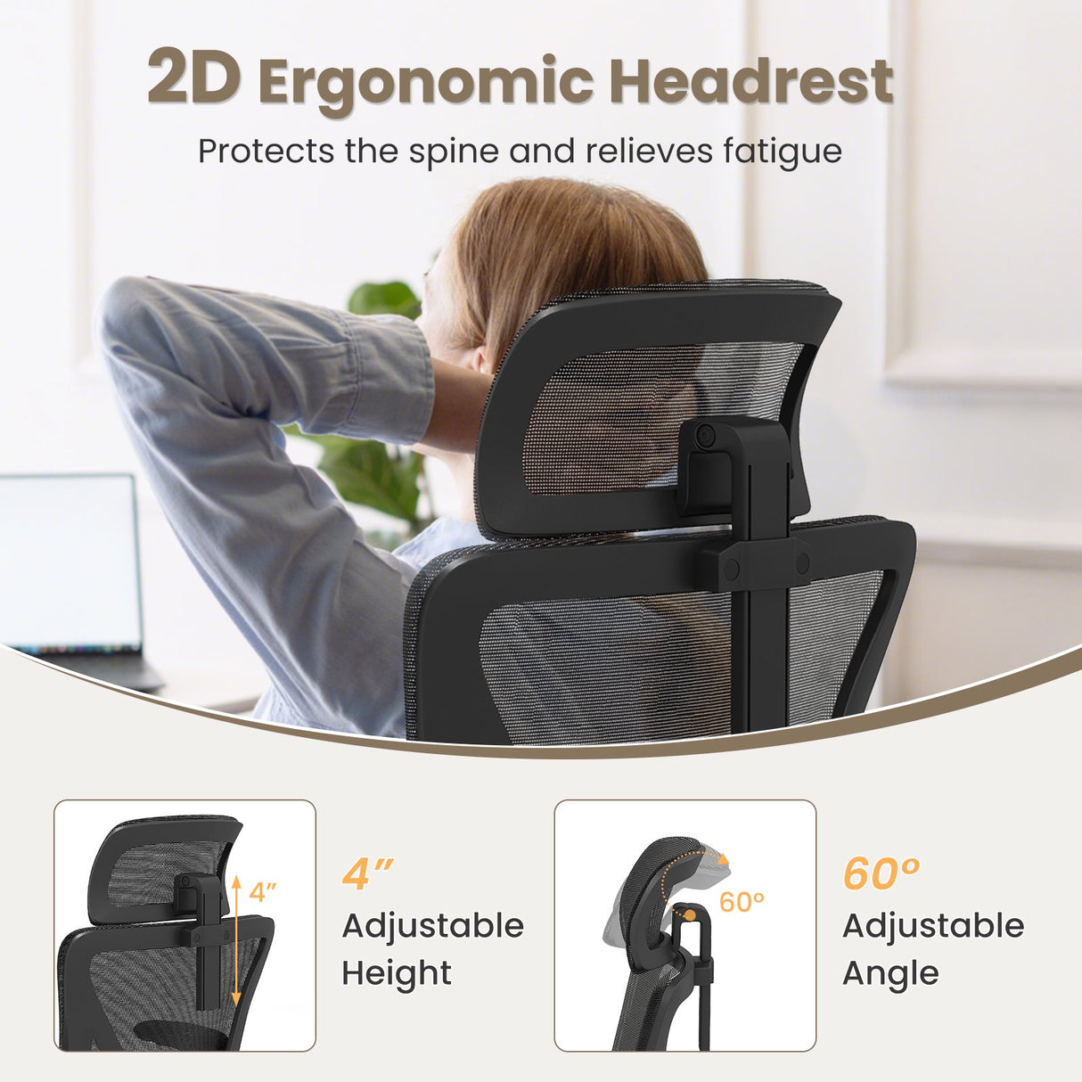 Silla de oficina ergonómica de malla con soporte lumbar ajustable y reposabrazos abatibles - Negro