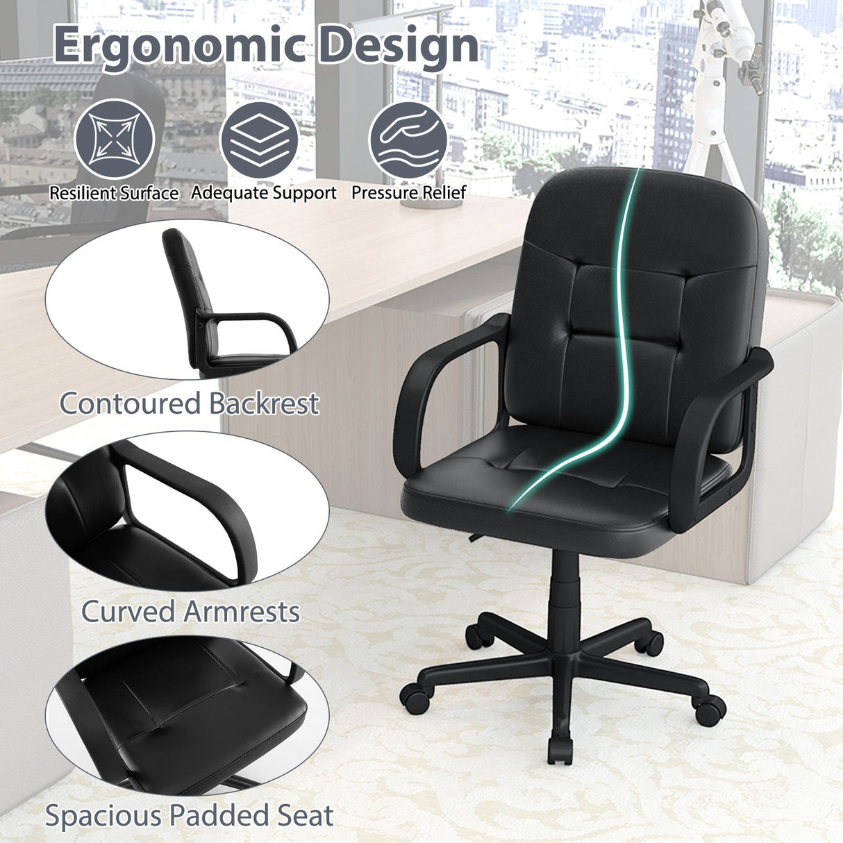 Silla de oficina ergonómica con ruedas de 360 grados