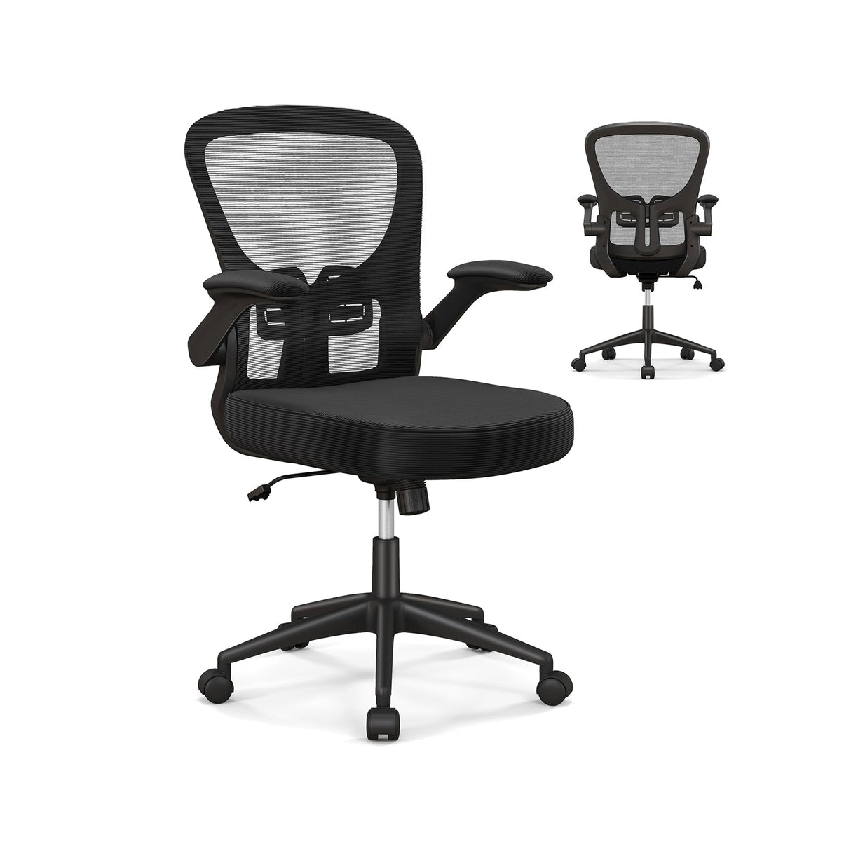 Silla de oficina ergonómica de malla giratoria con reposabrazos abatibles - Negro