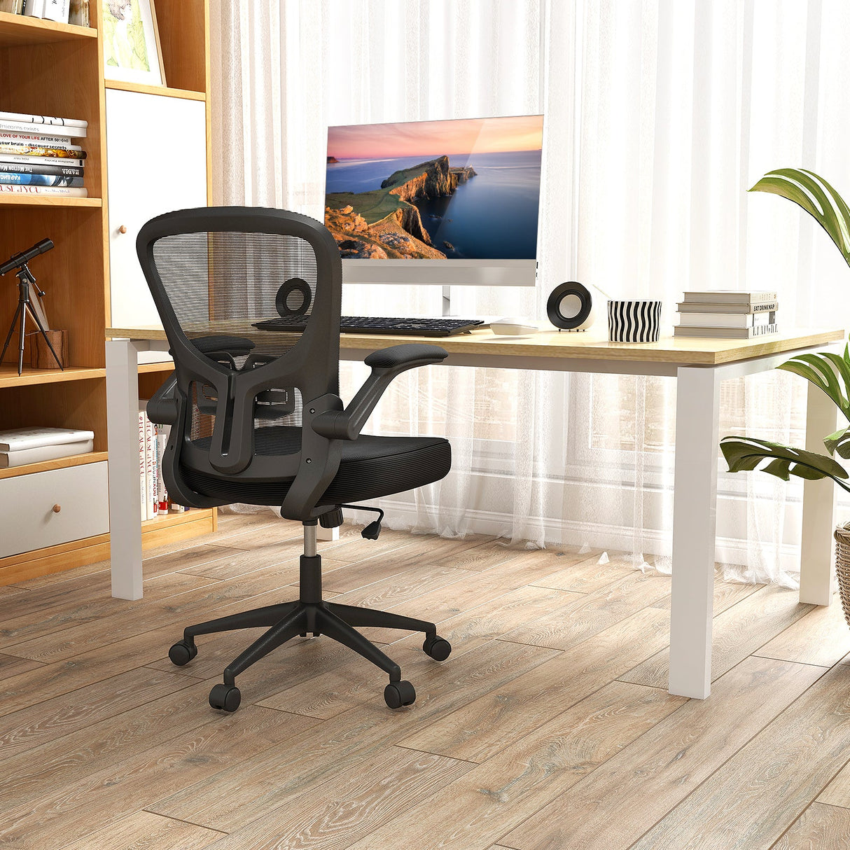 Silla de oficina ergonómica de malla giratoria con reposabrazos abatibles - Negro