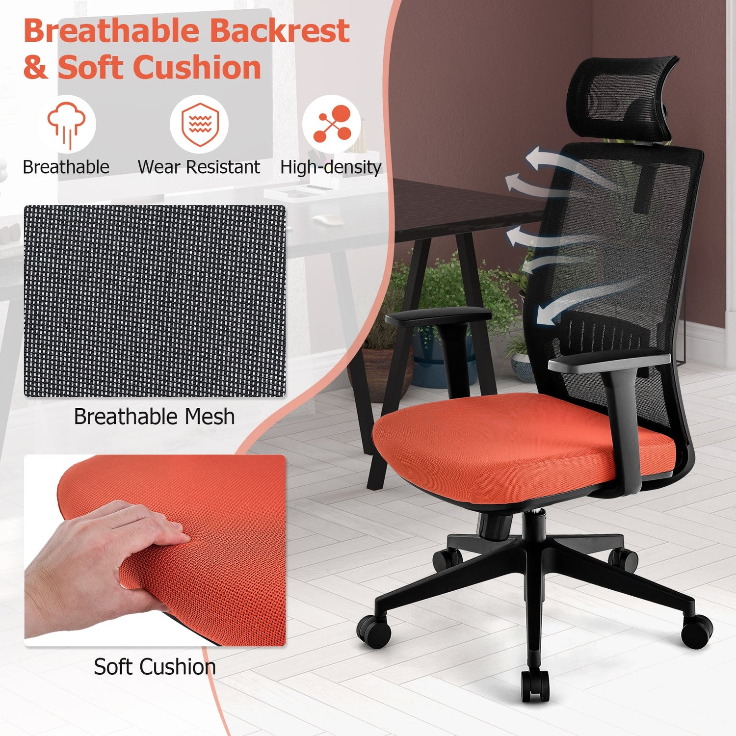 Silla de oficina ergonómica con soporte lumbar y reposacabezas ajustable - Negra