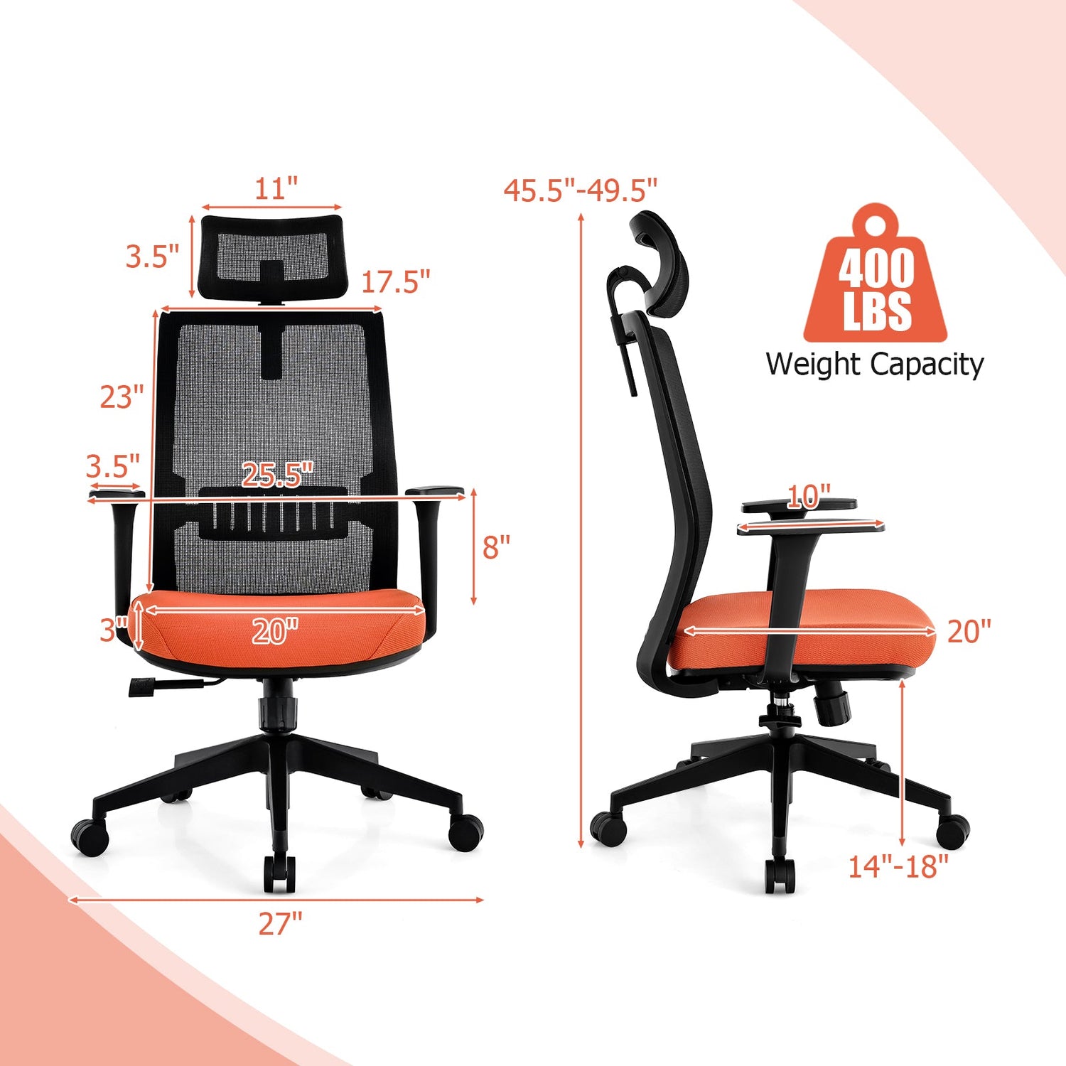 Silla de oficina ergonómica con soporte lumbar y reposacabezas ajustable - Negra