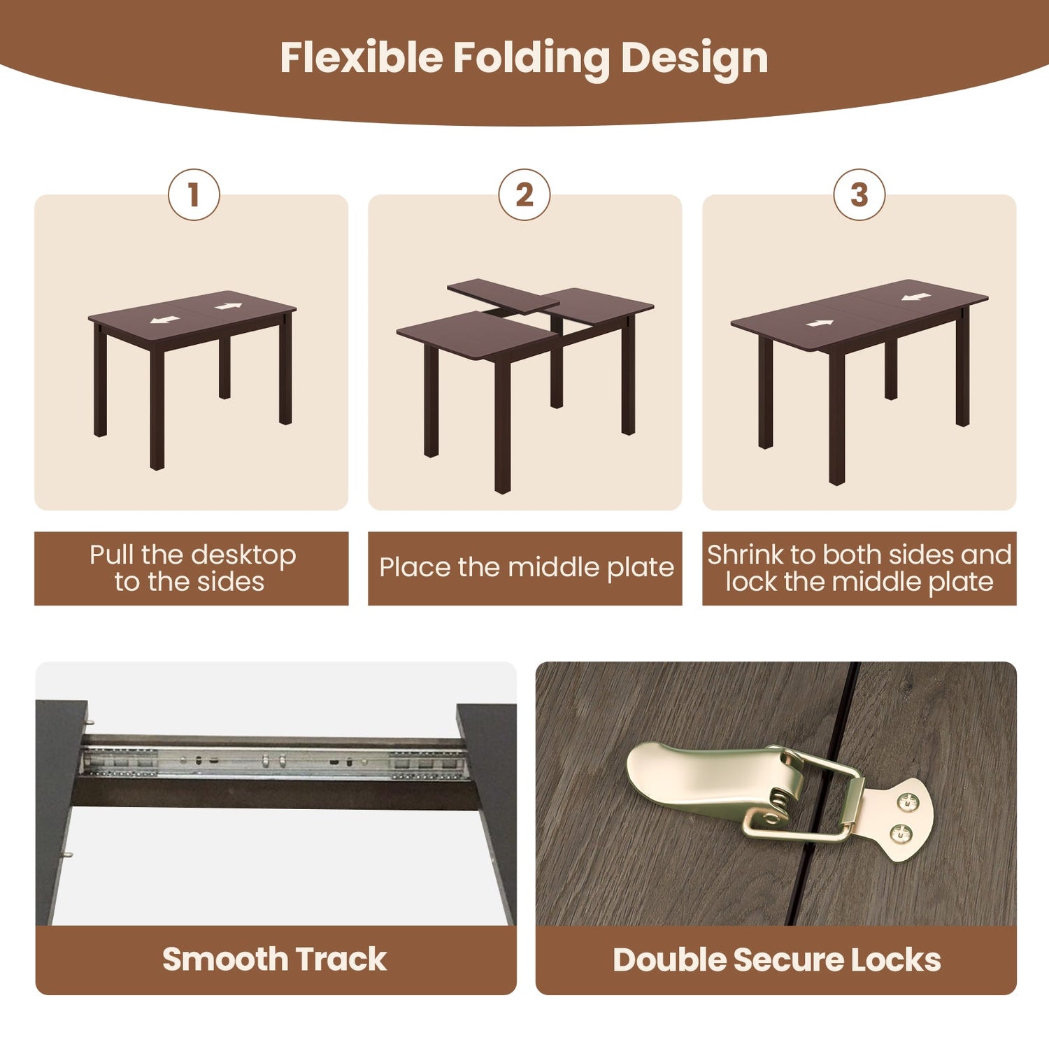 Mesa de comedor plegable extensible con estructura de madera de caucho y cierres de seguridad