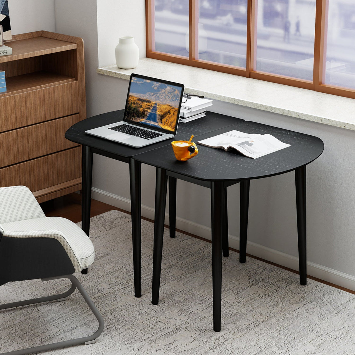 Juego de mesa de comedor ovalada extensible con 2 mesas semicirculares para 4-6 personas
