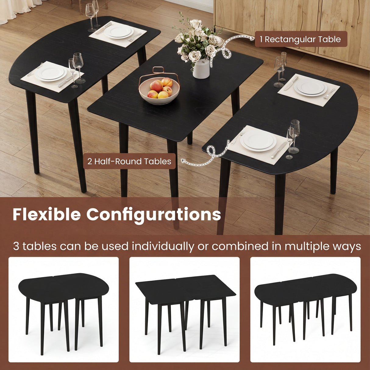 Juego de mesa de comedor ovalada extensible con 2 mesas semicirculares para 4-6 personas