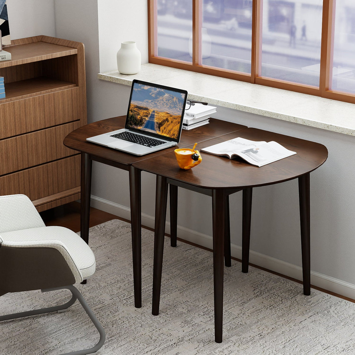 Juego de mesa de comedor ovalada extensible con 2 mesas semicirculares para 4-6 personas