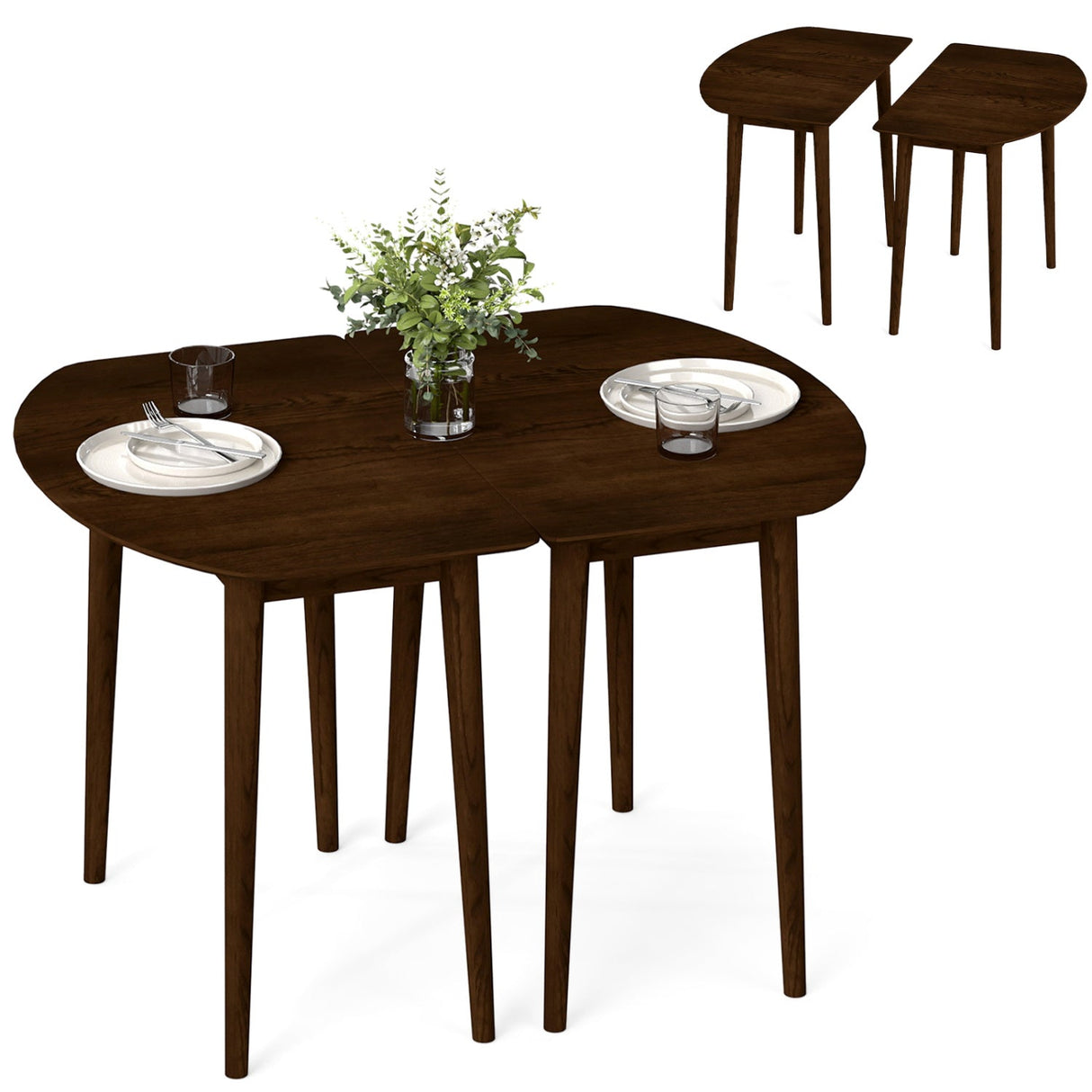 Juego de mesa de comedor ovalada extensible con 2 mesas semicirculares para 4-6 personas